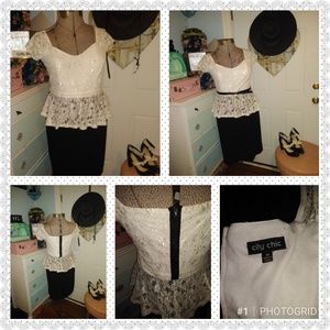 City Chic,xs(12/14), black/white lace,peplum dress